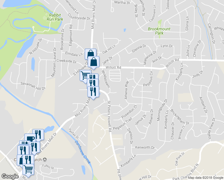 map of restaurants, bars, coffee shops, grocery stores, and more near 1030 Windstream in St. Peters
