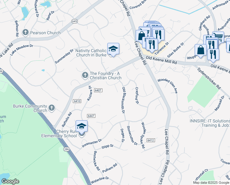 map of restaurants, bars, coffee shops, grocery stores, and more near 6656 Newchandler Court in Burke
