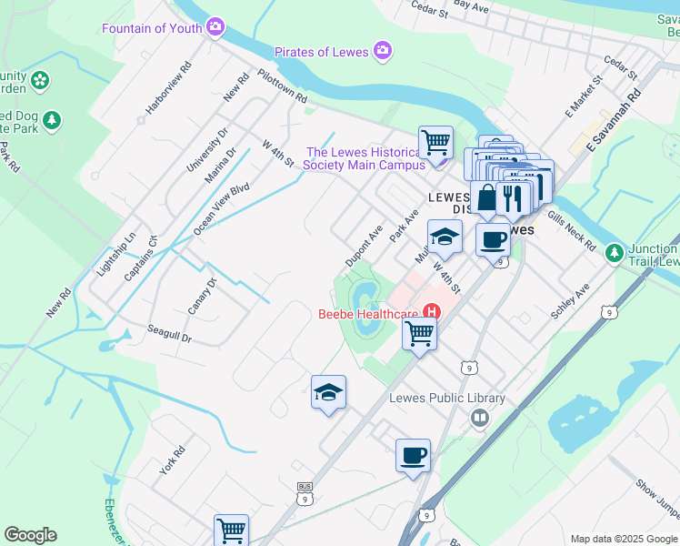 map of restaurants, bars, coffee shops, grocery stores, and more near 520 Dupont Avenue in Lewes