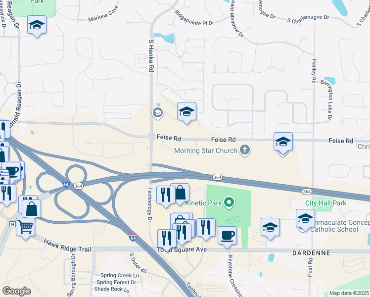 map of restaurants, bars, coffee shops, grocery stores, and more near 205 Stonewall Creek Drive in Dardenne Prairie
