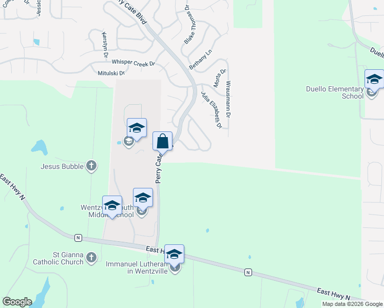 map of restaurants, bars, coffee shops, grocery stores, and more near 459 Kaylene Drive in Wentzville