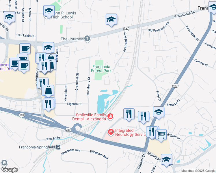 map of restaurants, bars, coffee shops, grocery stores, and more near 6280 Levi Court in Springfield