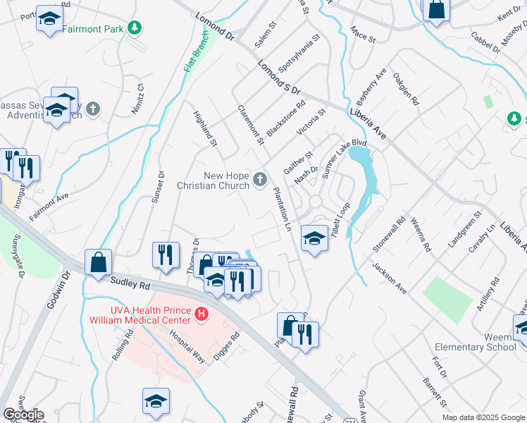 map of restaurants, bars, coffee shops, grocery stores, and more near 8311 Felsted Lane in Manassas