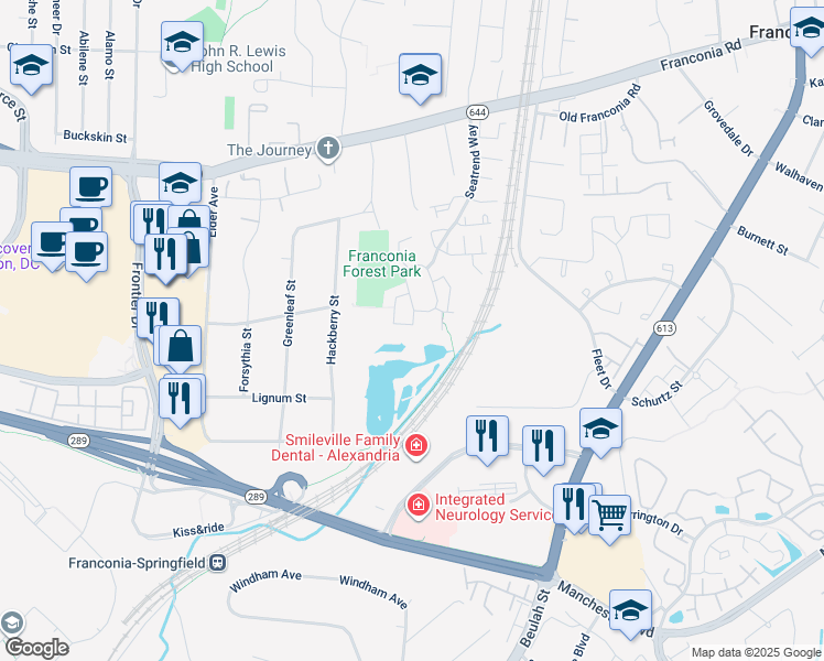 map of restaurants, bars, coffee shops, grocery stores, and more near 6280 Levi Court in Springfield