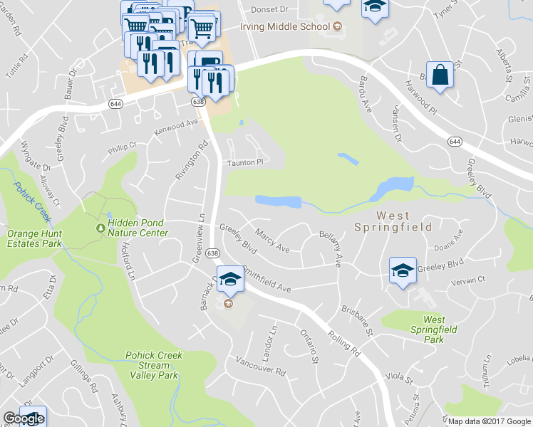 map of restaurants, bars, coffee shops, grocery stores, and more near 8134 Carr Place in West Springfield