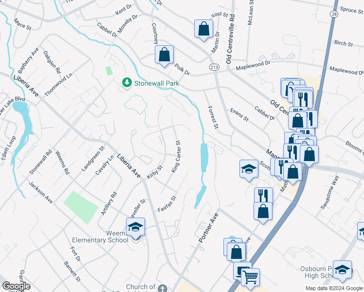 map of restaurants, bars, coffee shops, grocery stores, and more near 8561 King Carter Street in Manassas