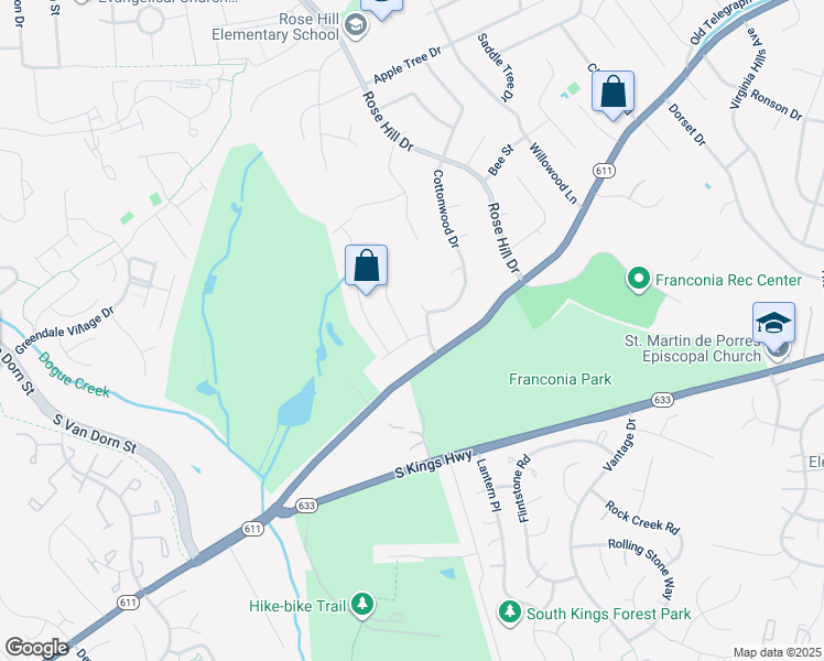 map of restaurants, bars, coffee shops, grocery stores, and more near 6519 Carriage Drive in Alexandria
