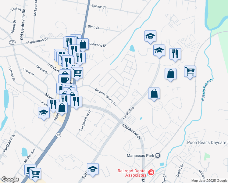 map of restaurants, bars, coffee shops, grocery stores, and more near 8152 Rainwater Circle in Manassas