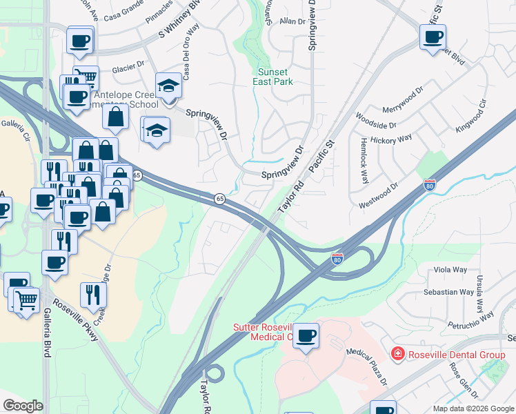 map of restaurants, bars, coffee shops, grocery stores, and more near 6511 Hearthstone Circle in Rocklin