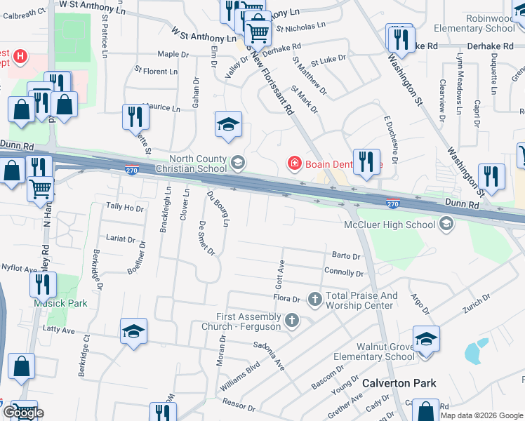 map of restaurants, bars, coffee shops, grocery stores, and more near 70 Chateau Drive in Florissant