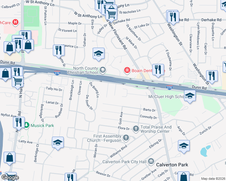 map of restaurants, bars, coffee shops, grocery stores, and more near 70 Chateau Drive in Florissant