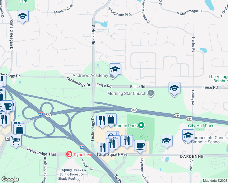 map of restaurants, bars, coffee shops, grocery stores, and more near 183 Stonewall Creek Drive in Dardenne Prairie