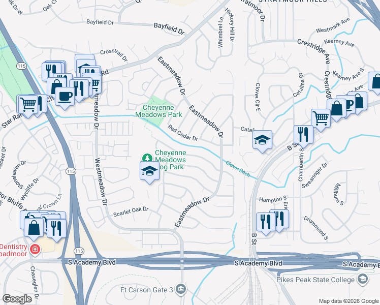 map of restaurants, bars, coffee shops, grocery stores, and more near 1344 Canoe Creek Dr in Colorado Springs