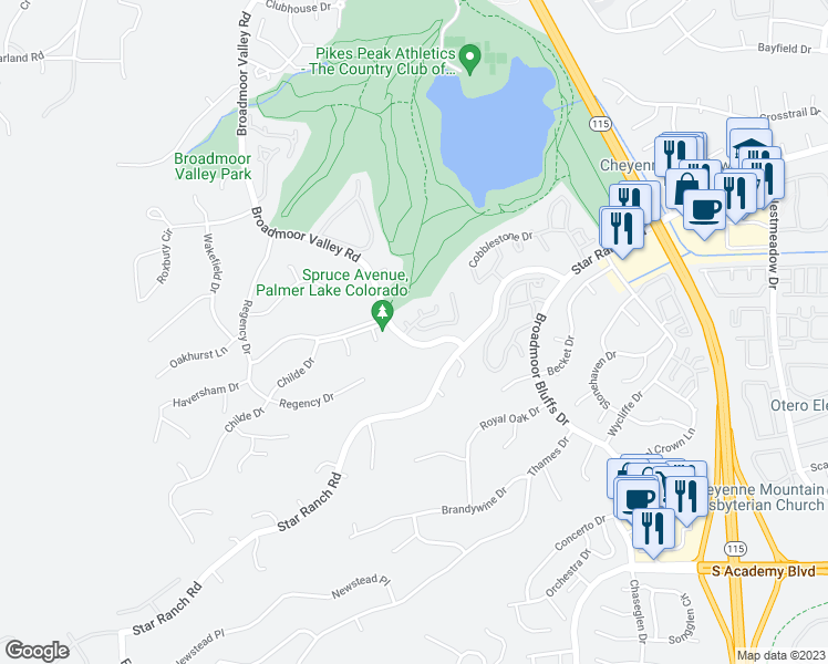 map of restaurants, bars, coffee shops, grocery stores, and more near 4135 San Felice Point in Colorado Springs