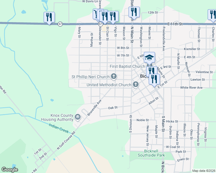 map of restaurants, bars, coffee shops, grocery stores, and more near 617 West 4th Street in Bicknell