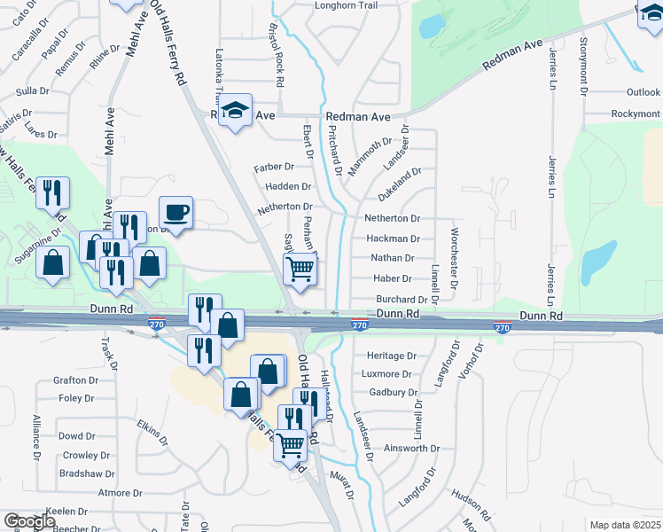 map of restaurants, bars, coffee shops, grocery stores, and more near 11032 Ebert Drive in Saint Louis