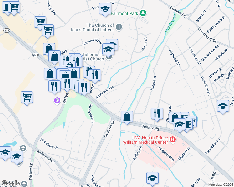 map of restaurants, bars, coffee shops, grocery stores, and more near 8532 Fortrose Drive in Manassas