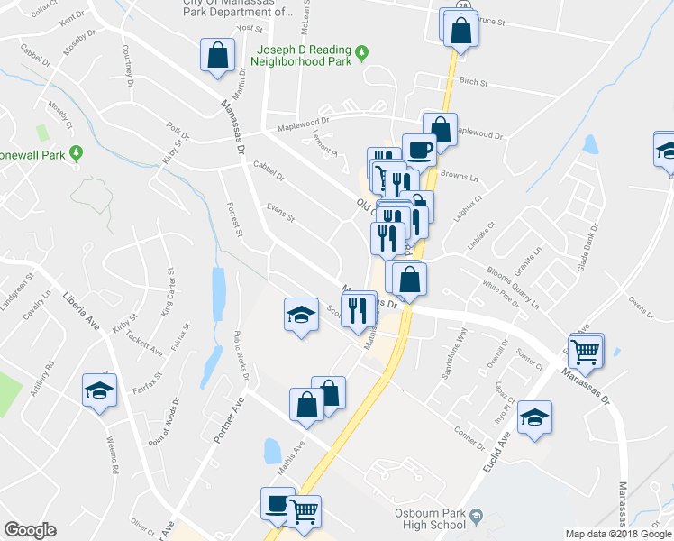 map of restaurants, bars, coffee shops, grocery stores, and more near 103 Evans Street in Manassas Park