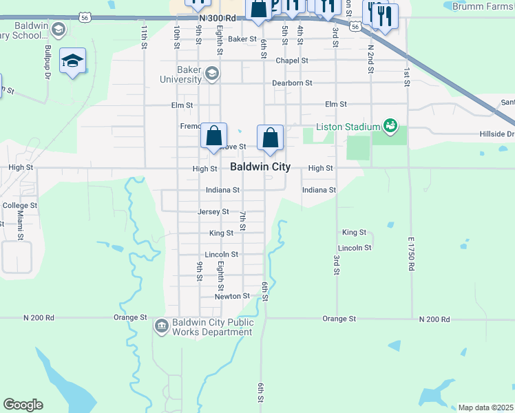map of restaurants, bars, coffee shops, grocery stores, and more near 906 7th Street in Baldwin City