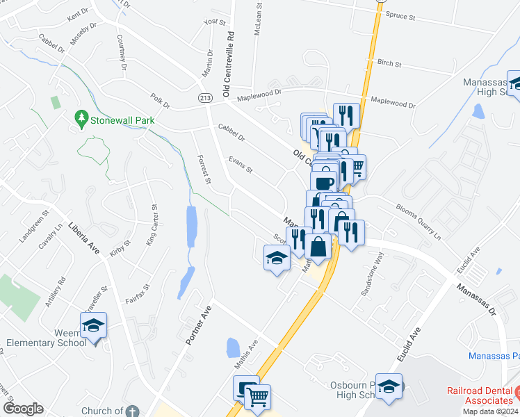 map of restaurants, bars, coffee shops, grocery stores, and more near 131 Manassas Drive in Manassas Park