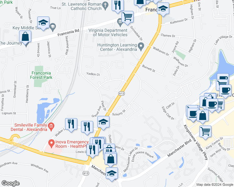 map of restaurants, bars, coffee shops, grocery stores, and more near 6637 Deer Gap Court in Alexandria