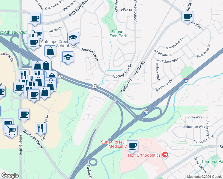 map of restaurants, bars, coffee shops, grocery stores, and more near 6571 Hearthstone Circle in Rocklin