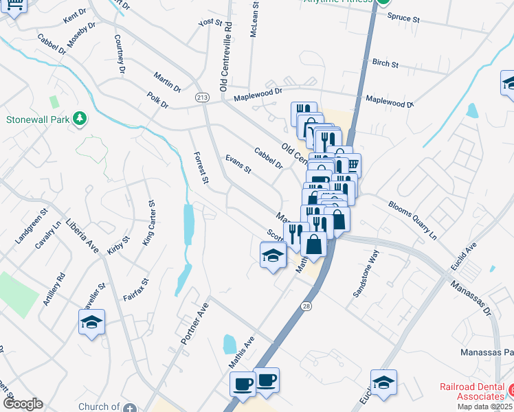 map of restaurants, bars, coffee shops, grocery stores, and more near 131 Manassas Drive in Manassas Park