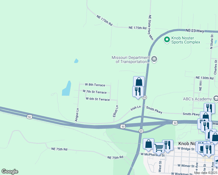 map of restaurants, bars, coffee shops, grocery stores, and more near 802 Kendrick Street in Knob Noster