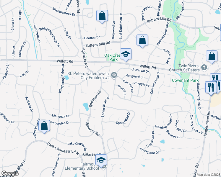 map of restaurants, bars, coffee shops, grocery stores, and more near 210 Universal Drive in St. Peters