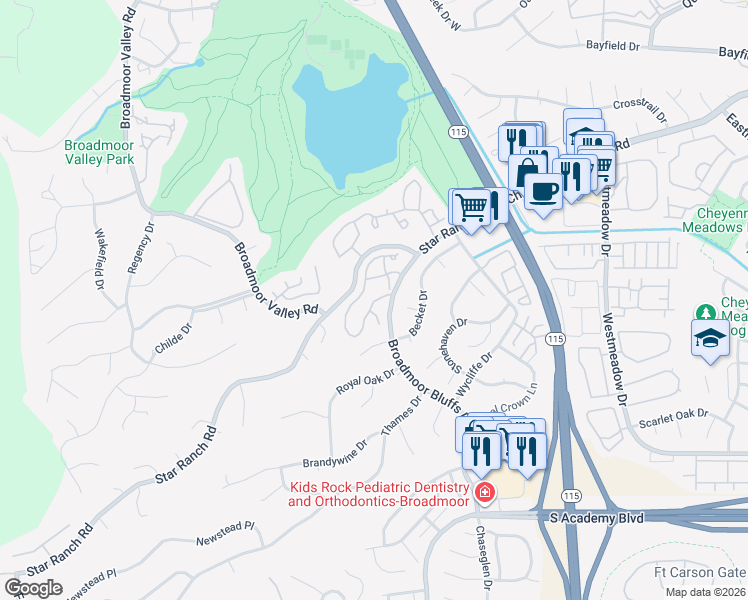 map of restaurants, bars, coffee shops, grocery stores, and more near 4070 Autumn Heights Drive in Colorado Springs