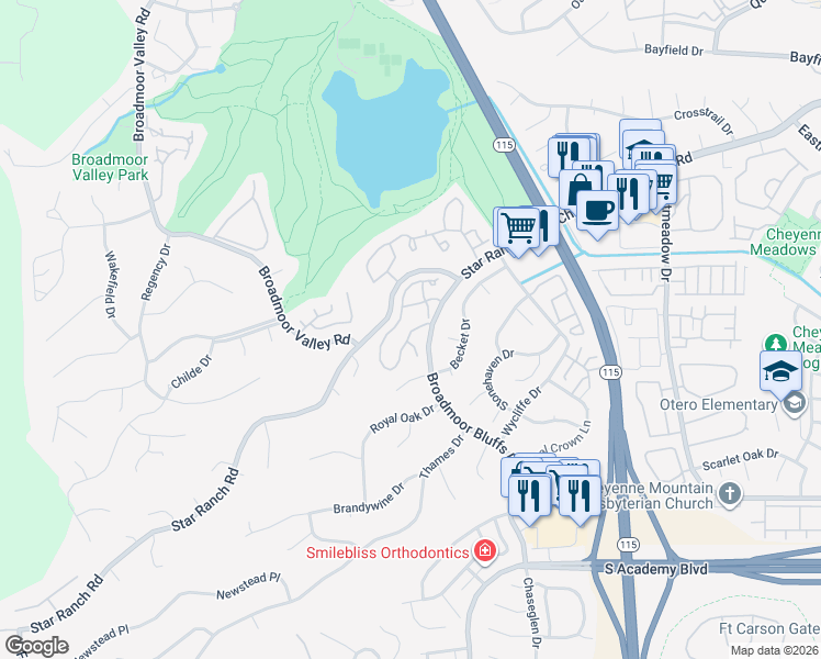 map of restaurants, bars, coffee shops, grocery stores, and more near 4070 Autumn Heights Drive in Colorado Springs