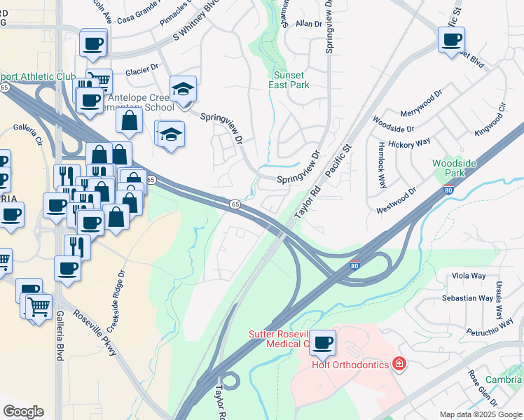 map of restaurants, bars, coffee shops, grocery stores, and more near 6540 Hearthstone Circle in Rocklin