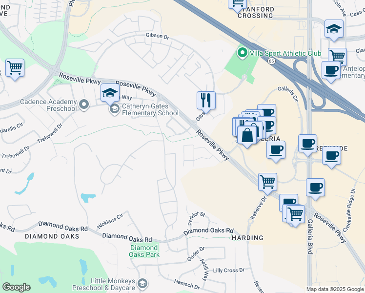 map of restaurants, bars, coffee shops, grocery stores, and more near 1100 Roseville Parkway in Roseville