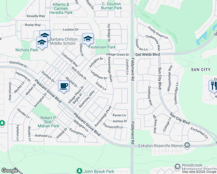 map of restaurants, bars, coffee shops, grocery stores, and more near 2025 Fluxton Drive in Roseville