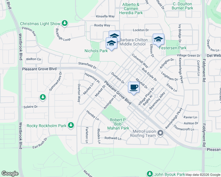 map of restaurants, bars, coffee shops, grocery stores, and more near 2585 Pleasant Grove Boulevard in Roseville