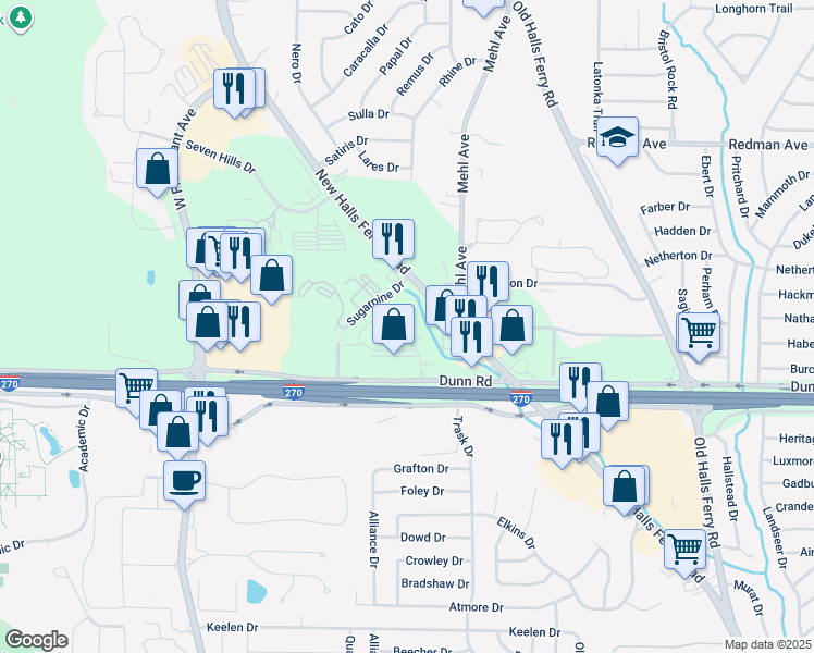 map of restaurants, bars, coffee shops, grocery stores, and more near 11018 Sugar Pines Court in Florissant
