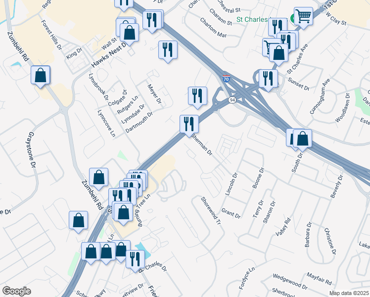map of restaurants, bars, coffee shops, grocery stores, and more near 2313 Sherman Square Drive in Saint Charles