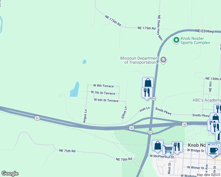 map of restaurants, bars, coffee shops, grocery stores, and more near 1504 West 8th Terrace in Knob Noster
