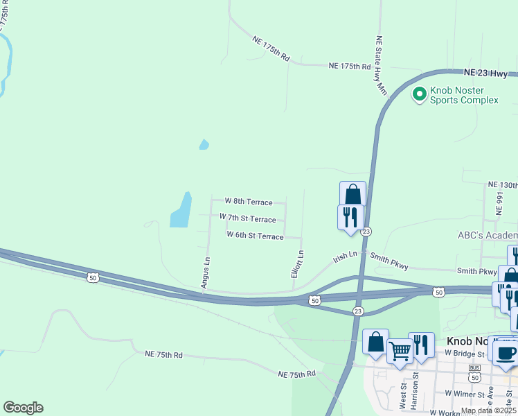 map of restaurants, bars, coffee shops, grocery stores, and more near 1504 West 8th Terrace in Knob Noster