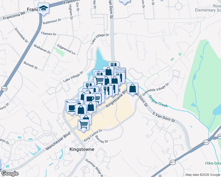 map of restaurants, bars, coffee shops, grocery stores, and more near 5882 Kingstowne Towne Center in Alexandria