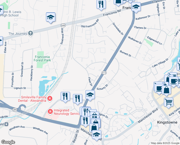 map of restaurants, bars, coffee shops, grocery stores, and more near 6214 Royal Crest Lane in Alexandria