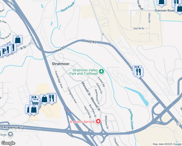 map of restaurants, bars, coffee shops, grocery stores, and more near Forest Road in Colorado Springs