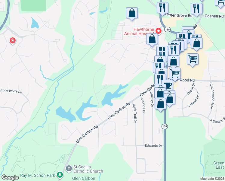 map of restaurants, bars, coffee shops, grocery stores, and more near 3 Abbey Road in Glen Carbon