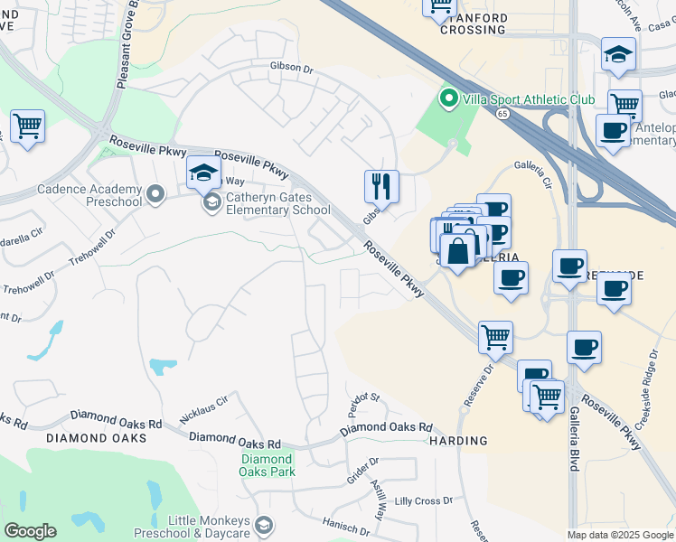 map of restaurants, bars, coffee shops, grocery stores, and more near 1100 Roseville Parkway in Roseville