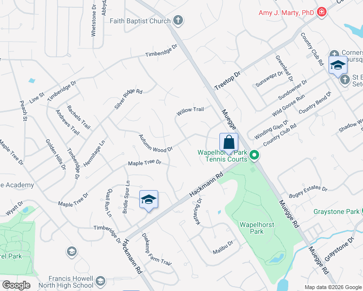 map of restaurants, bars, coffee shops, grocery stores, and more near 2062 Autumn Wood Drive in Saint Charles