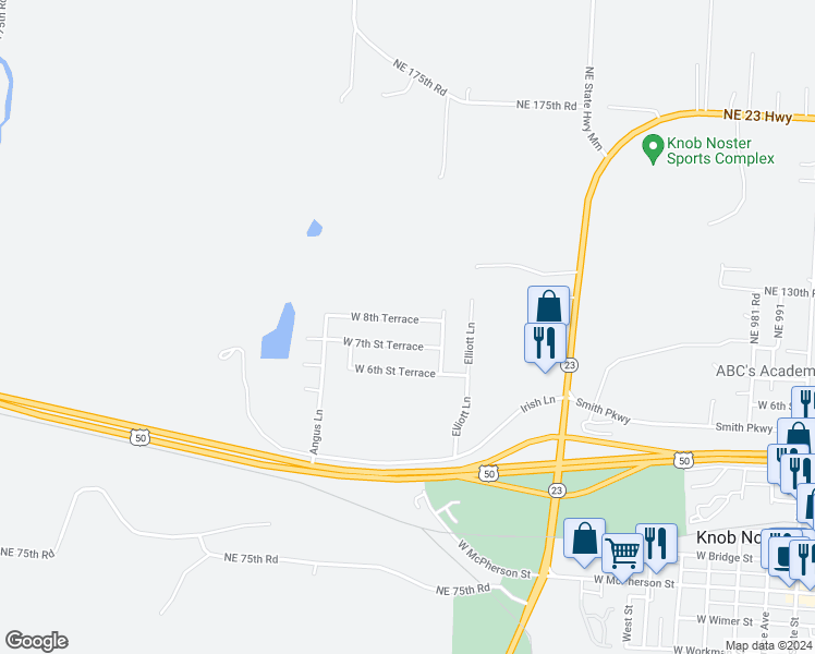 map of restaurants, bars, coffee shops, grocery stores, and more near 1505 West 8th Terrace in Knob Noster