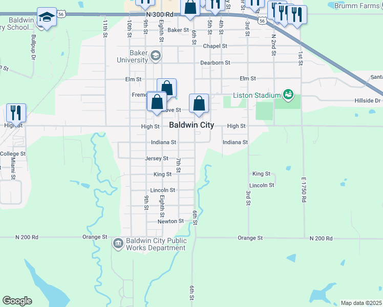 map of restaurants, bars, coffee shops, grocery stores, and more near 906 7th Street in Baldwin City