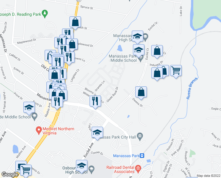 map of restaurants, bars, coffee shops, grocery stores, and more near 8121 Rainwater Circle in Manassas