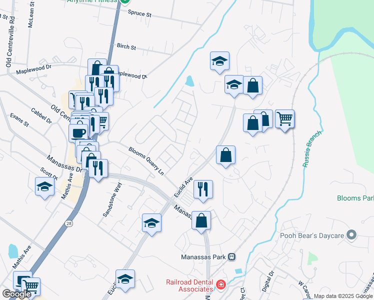 map of restaurants, bars, coffee shops, grocery stores, and more near 8267 Glade Bank Drive in Manassas