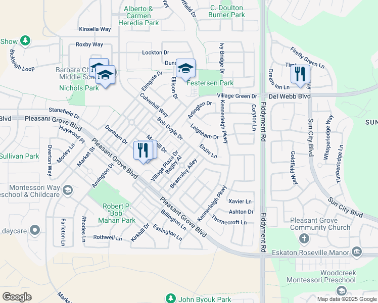 map of restaurants, bars, coffee shops, grocery stores, and more near 3225 Parkham Drive in Roseville